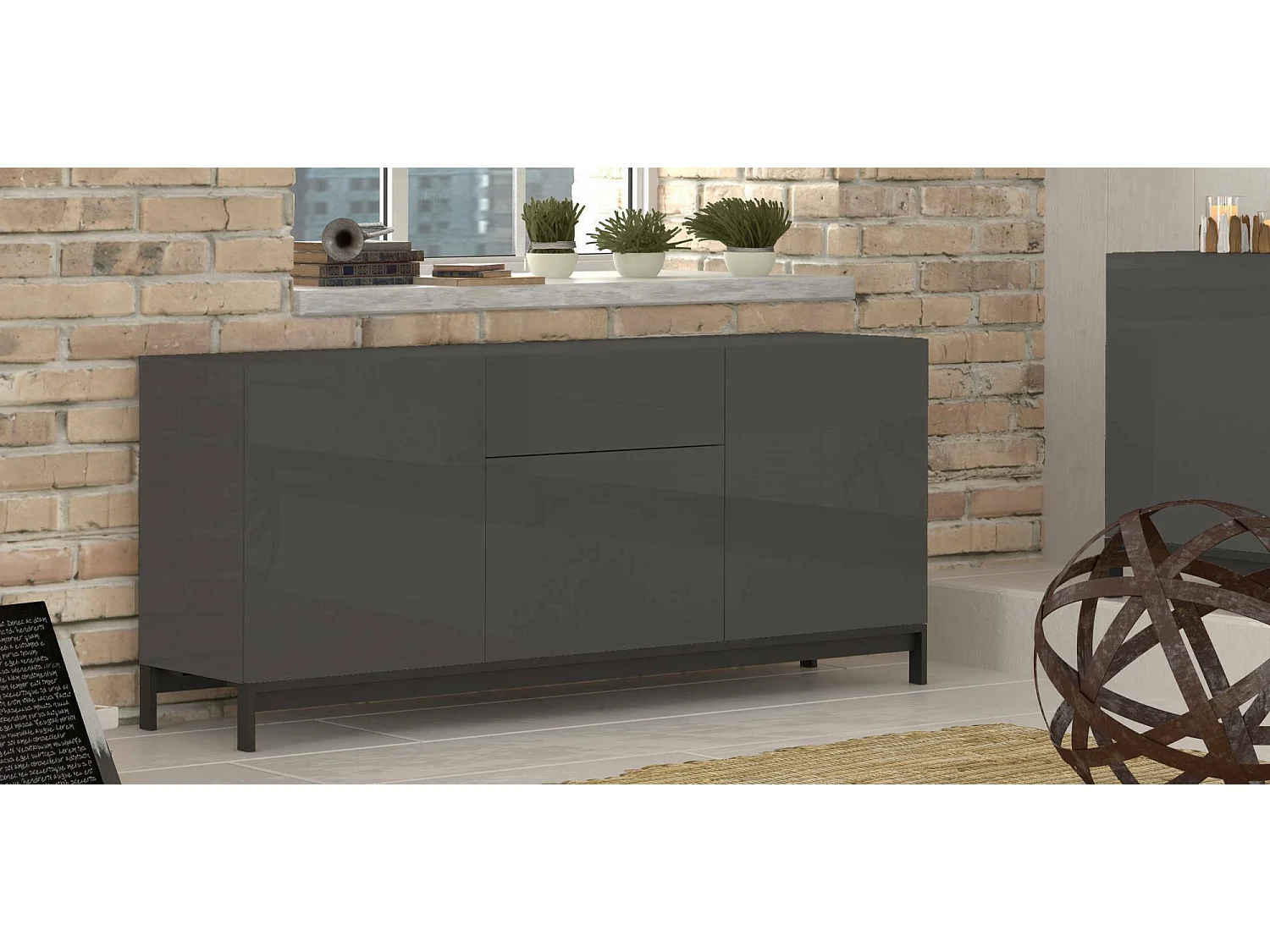 Buffet Dmitol, Buffet de cuisine avec 3 portes et 1 tiroir, Buffet de salon, 100% Made in Italy, 170x40h47 cm, Anthracite Brillant