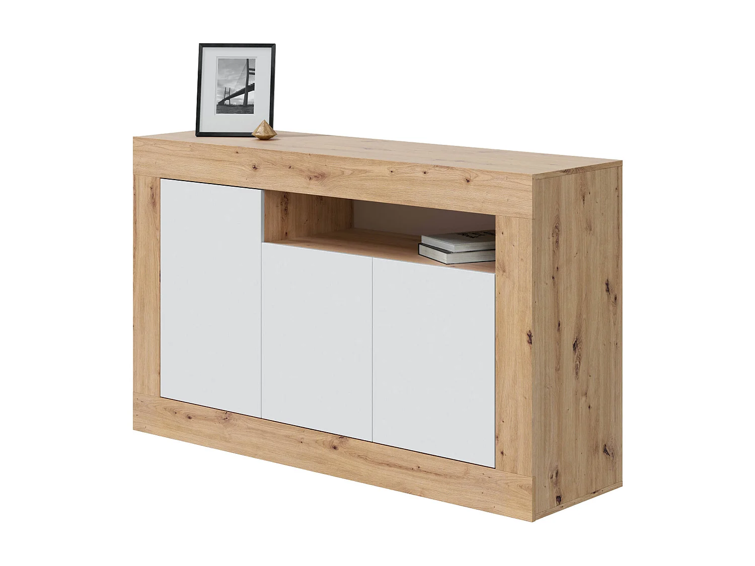 Buffet Dmirri, Armoire de salon, Buffet de salon avec compartiments, Meuble TV, Buffet moderne avec 3 portes, 144x42h87 cm, Chêne noué et Blanc
