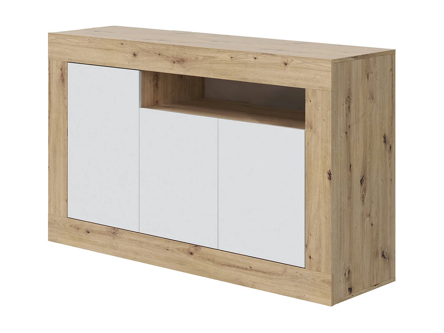 Buffet Dmirri, Armoire de salon, Buffet de salon avec compartiments, Meuble TV, Buffet moderne avec 3 portes, 144x42h87 cm, Chêne noué et Blanc