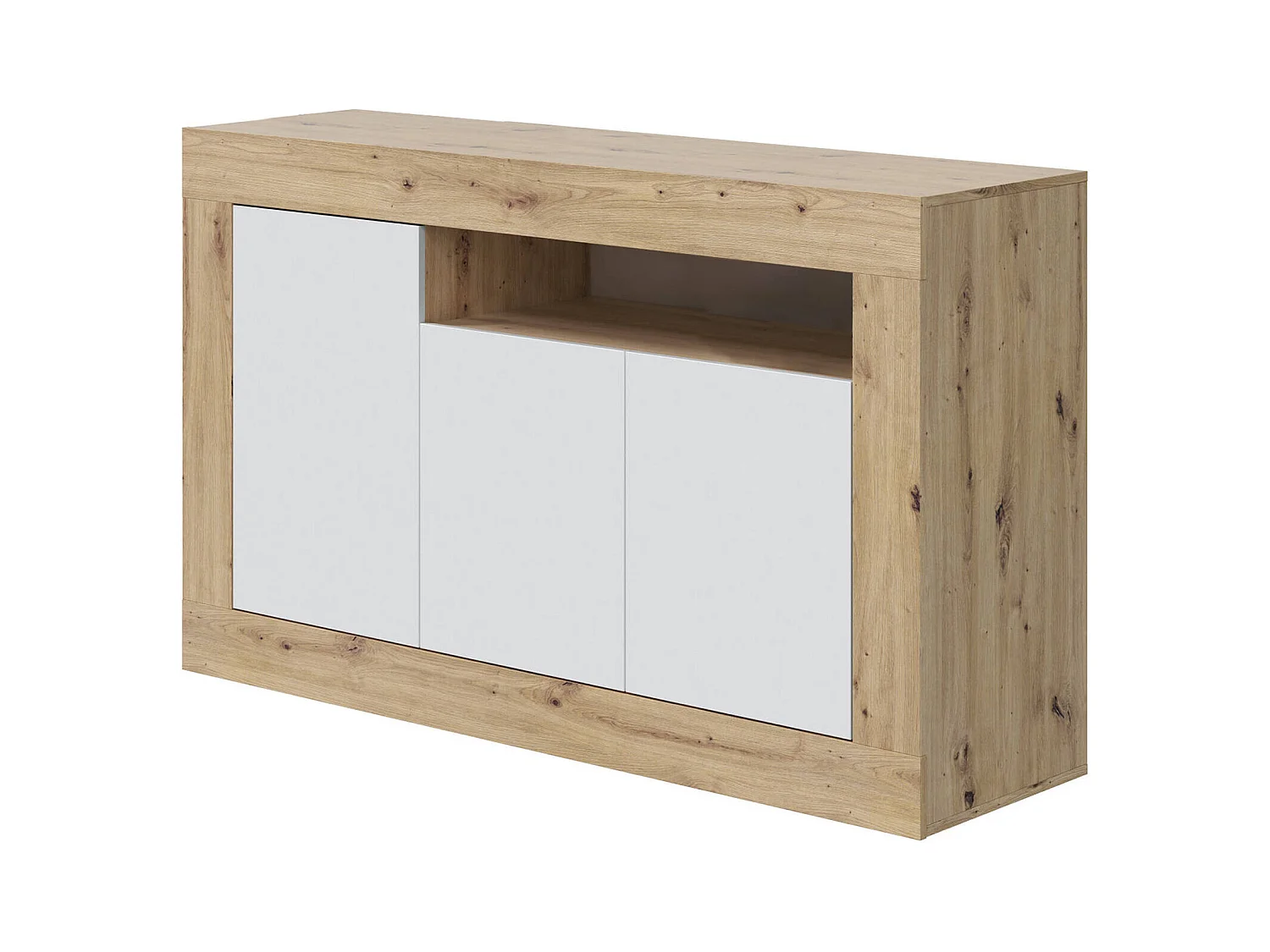 Buffet Dmirri, Armoire de salon, Buffet de salon avec compartiments, Meuble TV, Buffet moderne avec 3 portes, 144x42h87 cm, Chêne noué et Blanc