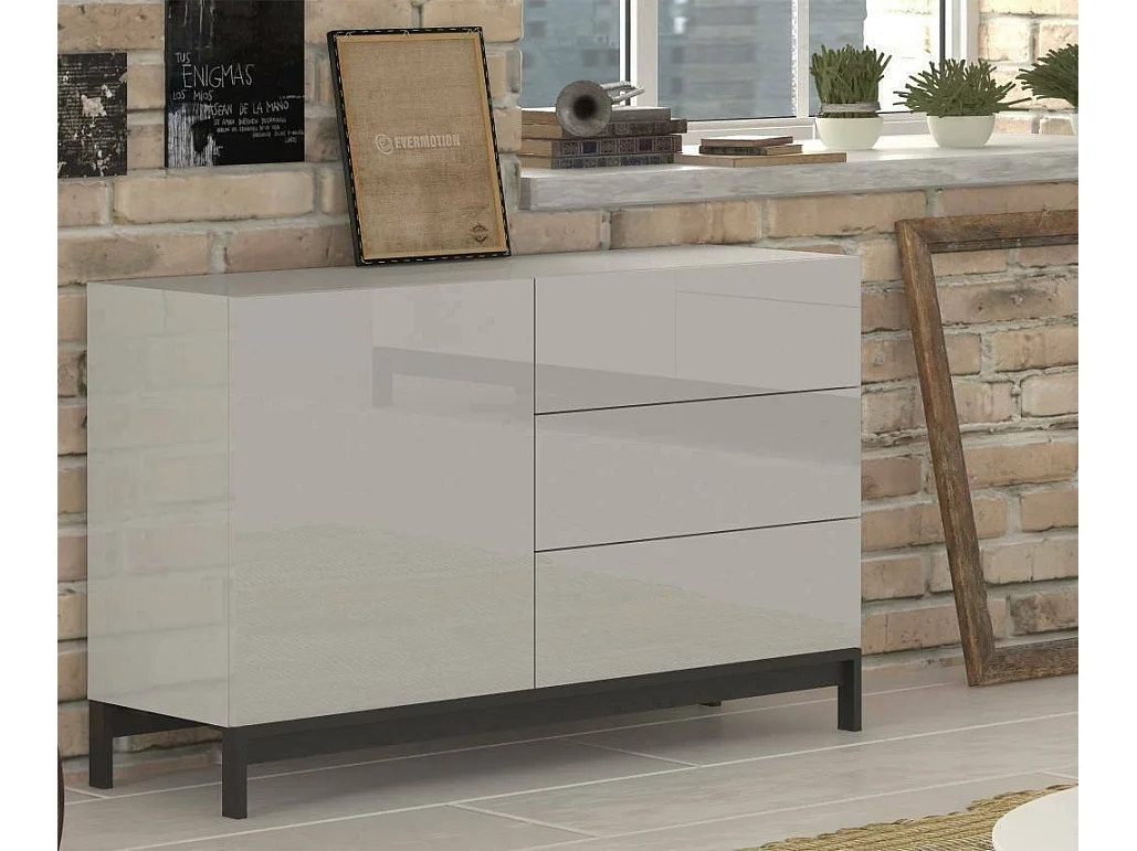 Dmazzi dressoir, Keukendressoir met 1 deur en 3 laden, Woonkamerbuffet, 100% Made in Italy, 110x40h47 cm, Glanzend wit