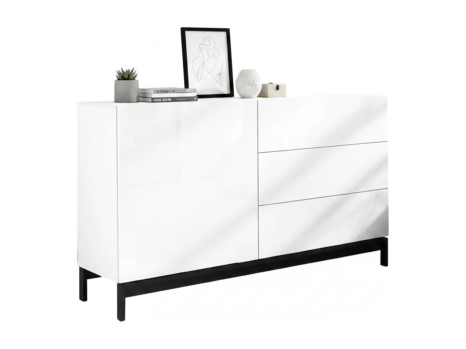 Buffet Dmazzi, Buffet de cuisine avec 1 porte et 3 tiroirs, Buffet de salon, 100% Made in Italy, 110x40h47 cm, Blanc brillant