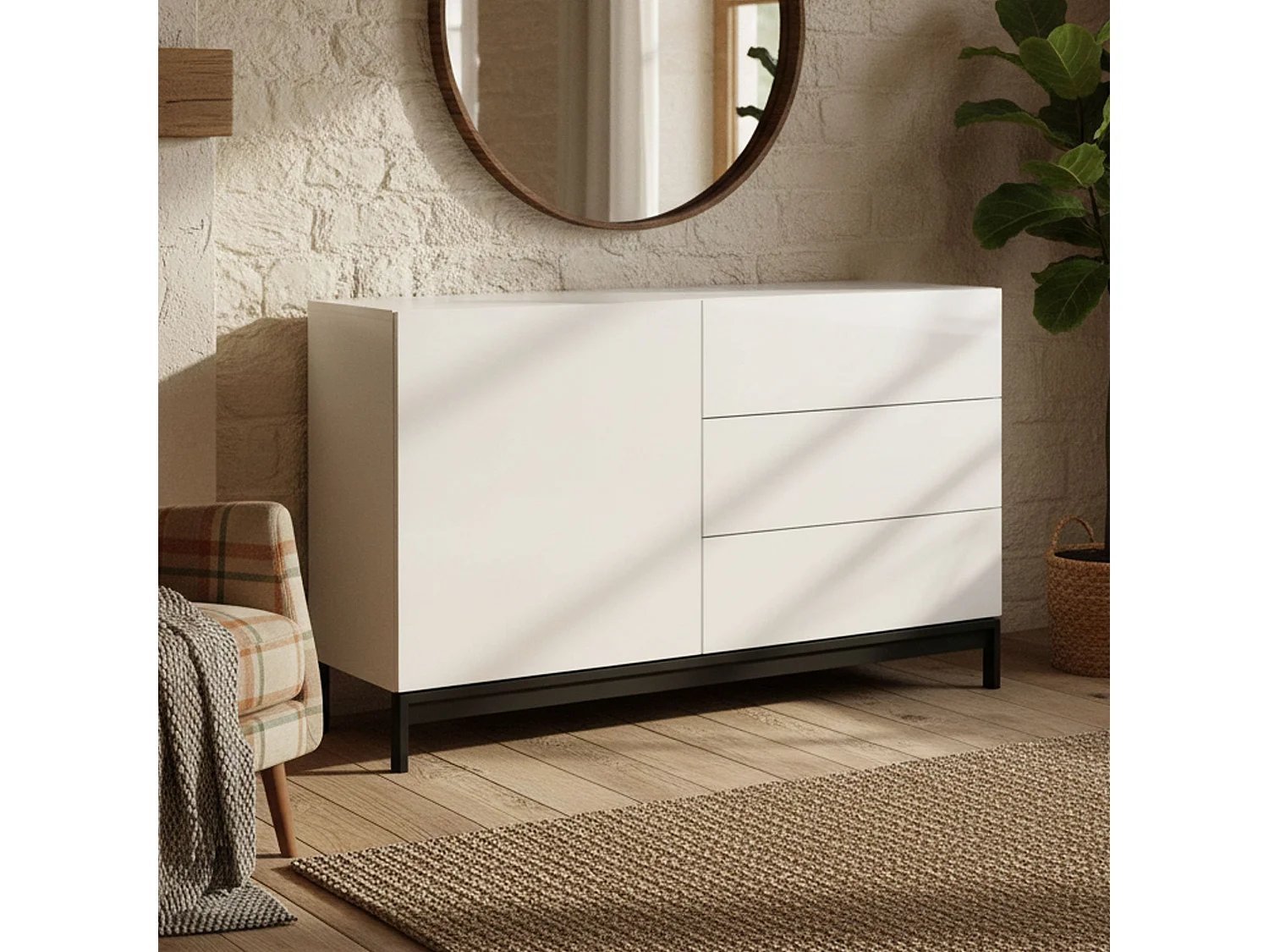 Buffet Dmazzi, Buffet de cuisine avec 1 porte et 3 tiroirs, Buffet de salon, 100% Made in Italy, 110x40h47 cm, Blanc brillant