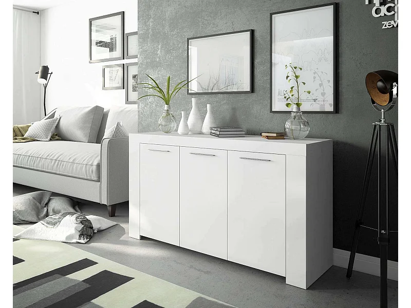 Buffet Dalbiera, Buffet de salon, Meuble TV, Buffet pour salon, Armoire moderne avec 3 portes, 144x42h80 cm, Blanc