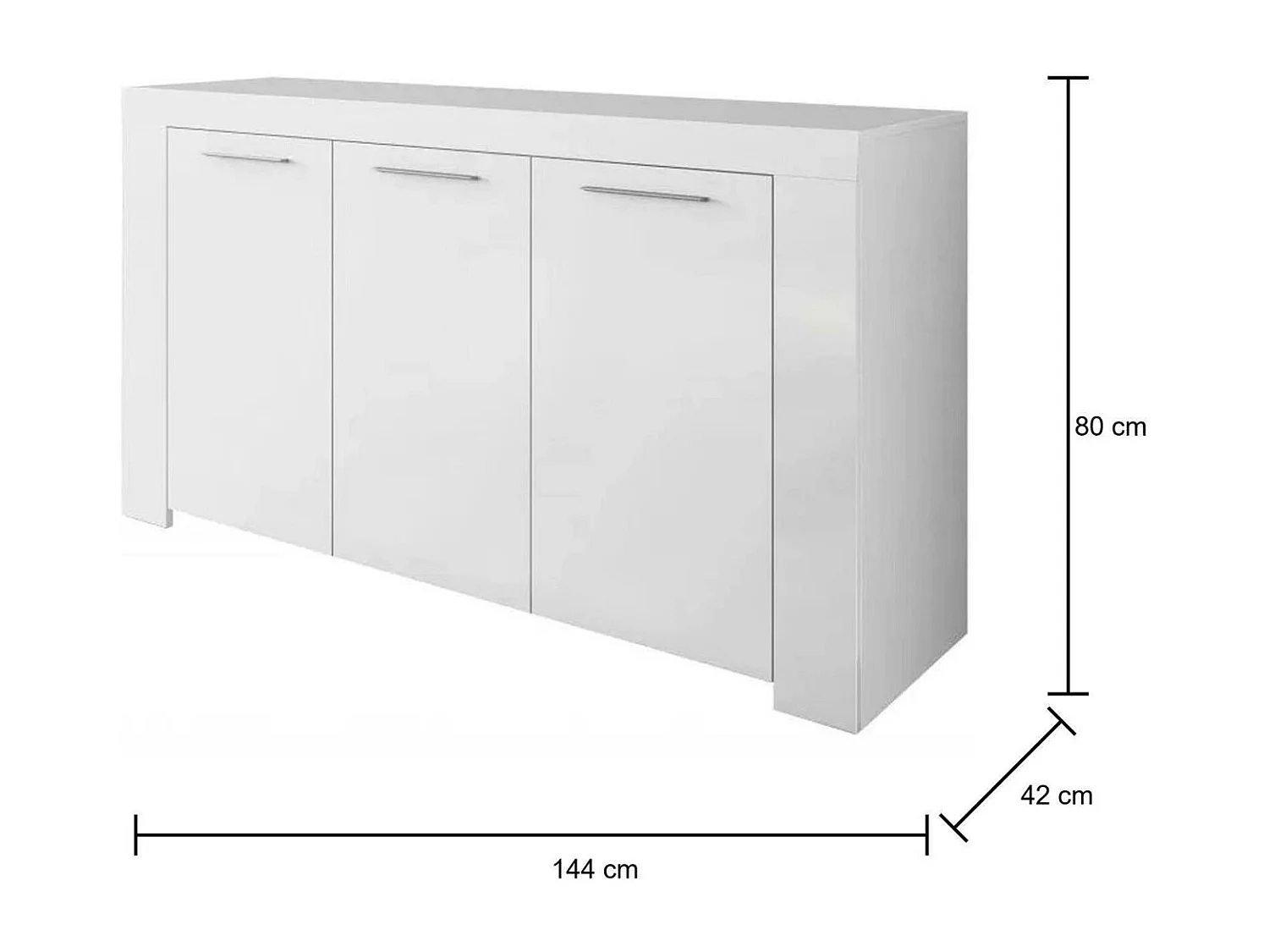 Anrichte Dalbiera, Modernes Sideboard mit 3 Türen, Buffet im Wohnzimmer, Fernsehschrank, Sideboard für Wohnzimmer, 144x42h80 cm, Weiß