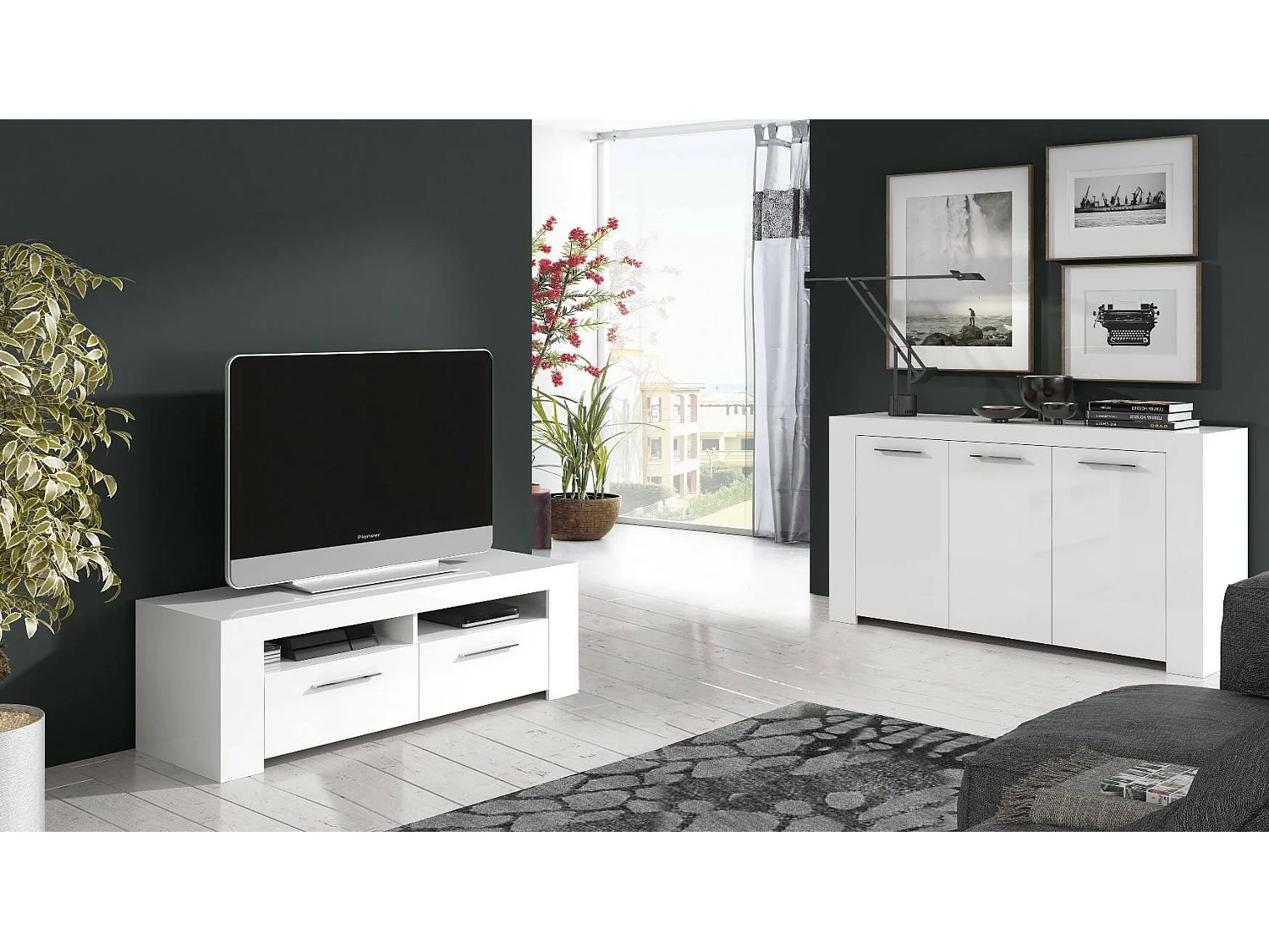 Anrichte Dalbiera, Modernes Sideboard mit 3 Türen, Buffet im Wohnzimmer, Fernsehschrank, Sideboard für Wohnzimmer, 144x42h80 cm, Weiß