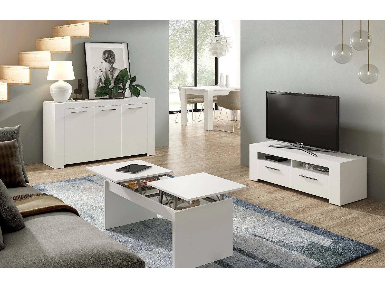 Buffet Dalbiera, Buffet de salon, Meuble TV, Buffet pour salon, Armoire moderne avec 3 portes, 144x42h80 cm, Blanc