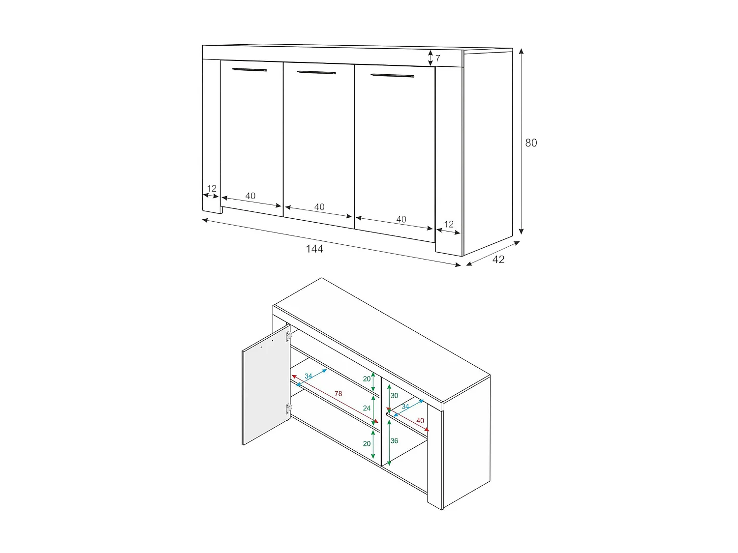 Credenza Amaculi, 3 Ripiani, 42x144x80h cm Bianco, Madia