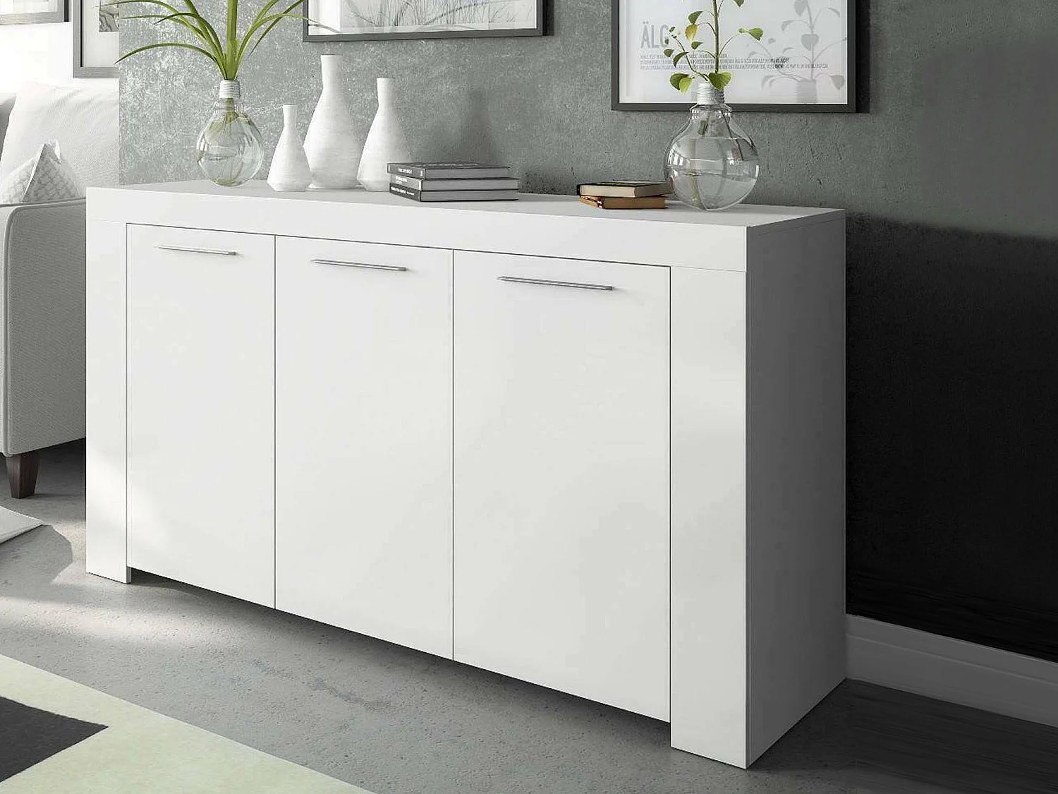 Buffet Dalbiera, Buffet de salon, Meuble TV, Buffet pour salon, Armoire moderne avec 3 portes, 144x42h80 cm, Blanc