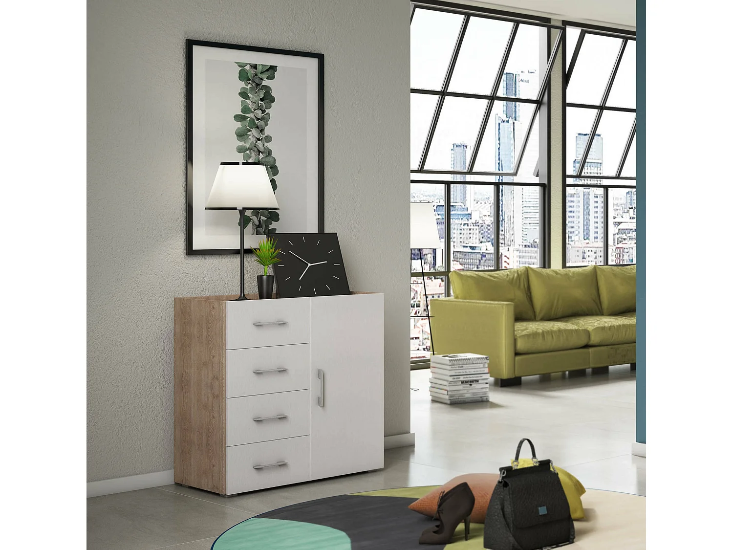 Dnag Dressoir, Buffetkast met 1 deur en 4 laden, Woonkamerdressoir, Multifunctionele kast met planken, 100% Made in Italy, 90x41h87 cm, Wit en Eiken