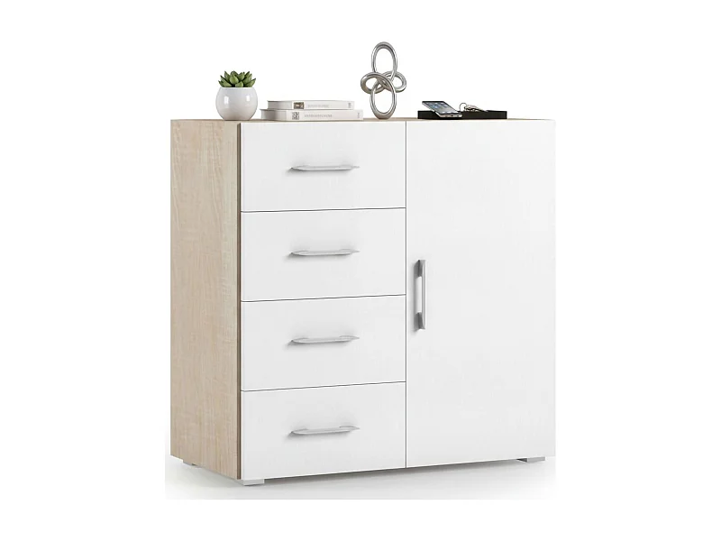 Buffet Dnag, Buffet avec 1 porte et 4 tiroirs, Buffet de salon, Armoire polyvalente avec étagères, 100% Made in Italy, 90x41h87 cm, Blanc et Chêne