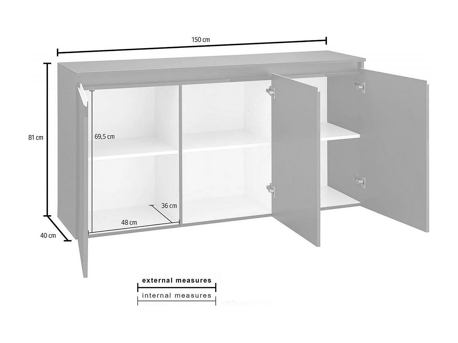 Aparador Dlun, aparador de cozinha 3 portas, Buffet de sala, 100% Fabricado na Itália, 150x40h81 cm, Branco brilhante