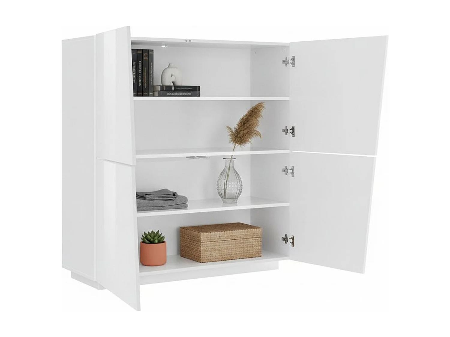 Dlorier dressoir, 4-deurs keukendressoir, Woonkamerbuffet, 100% Made in Italy, 120x43h126 cm, Glanzend wit