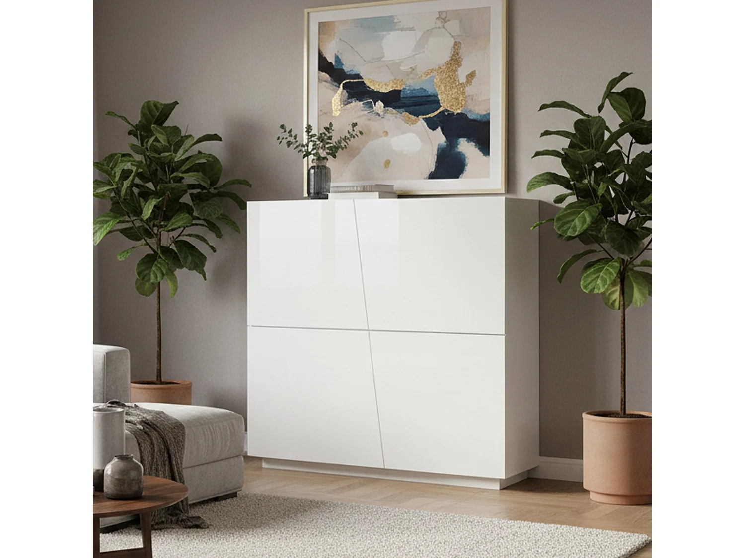 Dlorier dressoir, 4-deurs keukendressoir, Woonkamerbuffet, 100% Made in Italy, 120x43h126 cm, Glanzend wit