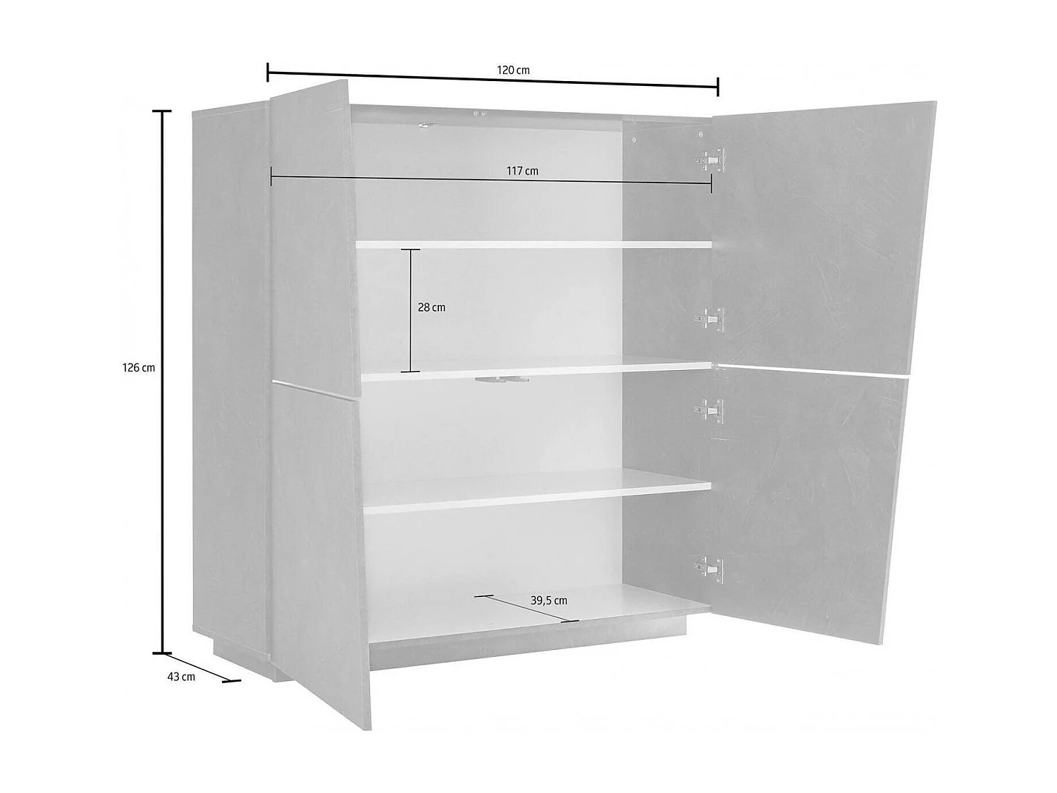Dlorier dressoir, 4-deurs keukendressoir, Woonkamerbuffet, 100% Made in Italy, 120x43h126 cm, Glanzend wit