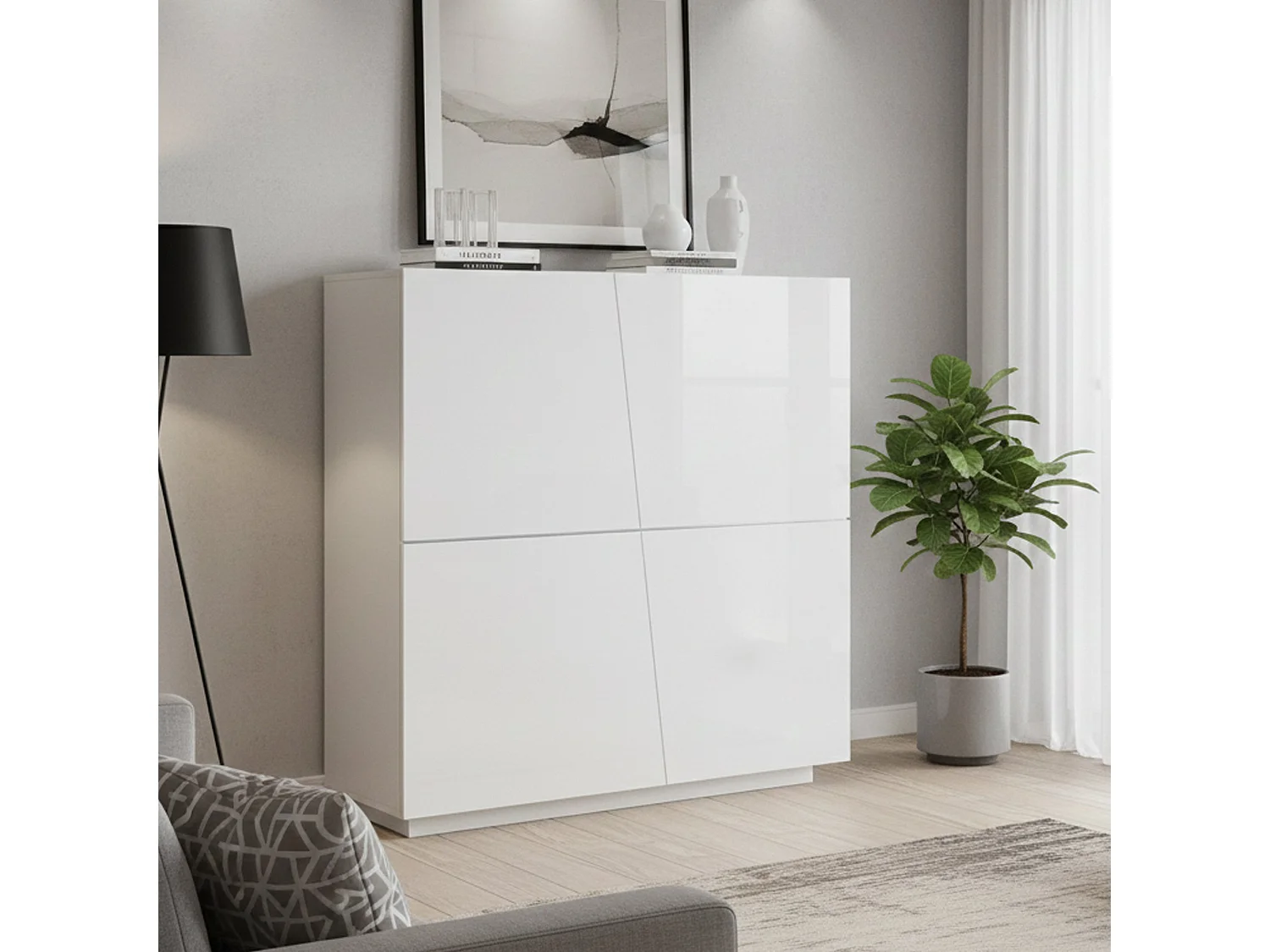 Dlorier dressoir, 4-deurs keukendressoir, Woonkamerbuffet, 100% Made in Italy, 120x43h126 cm, Glanzend wit