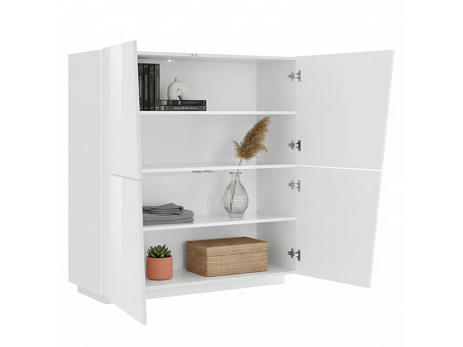 Dlorier dressoir, 4-deurs keukendressoir, Woonkamerbuffet, 100% Made in Italy, 120x43h126 cm, Glanzend wit