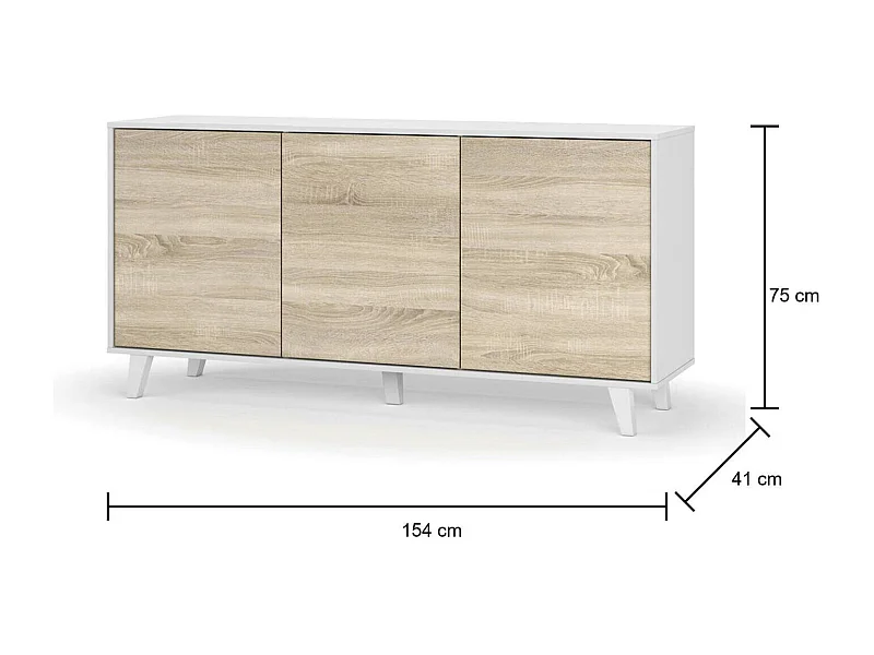 Dabello dressoir, Modern dressoir met 3 deuren en planken, Keukenbuffet, Woonkamer design buffet, 154x40h75 cm, Wit en Eiken