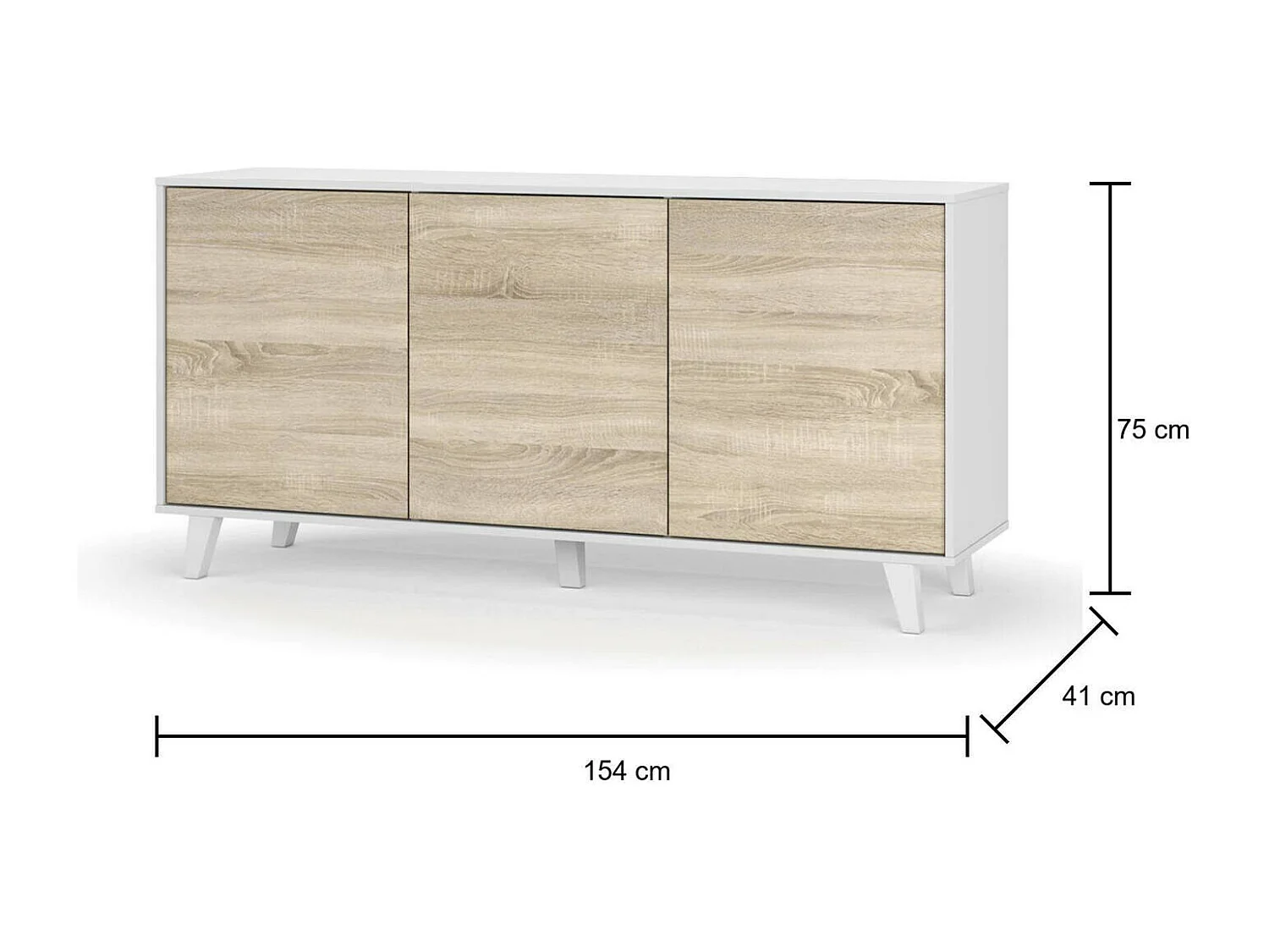 Dabello dressoir, Modern dressoir met 3 deuren en planken, Keukenbuffet, Woonkamer design buffet, 154x40h75 cm, Wit en Eiken