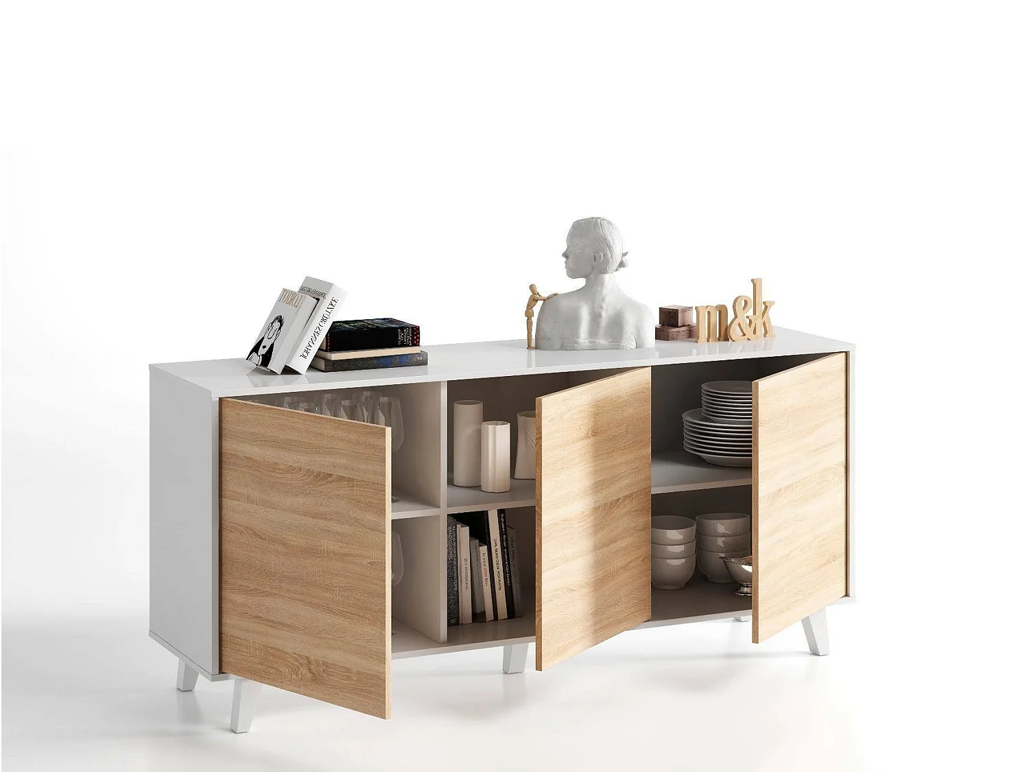 Dabello dressoir, Modern dressoir met 3 deuren en planken, Keukenbuffet, Woonkamer design buffet, 154x40h75 cm, Wit en Eiken