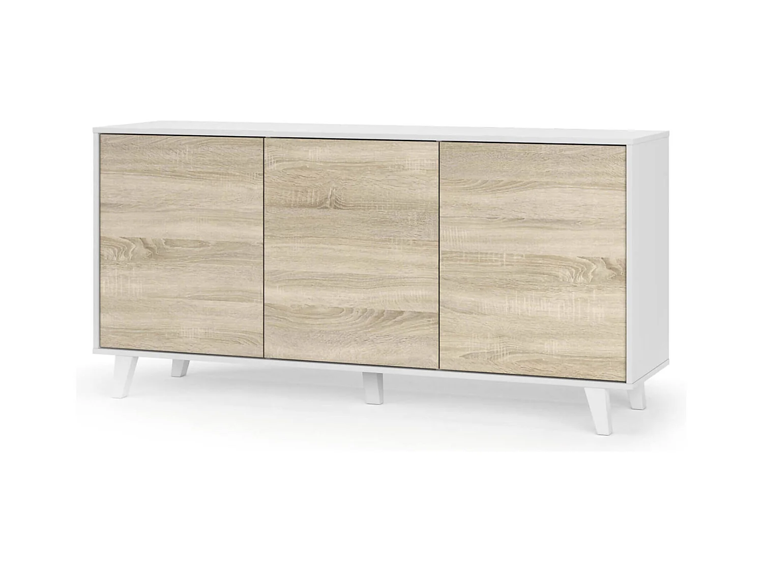Buffet Dabello, Buffet de cuisine, Armoire design de salon, Buffet moderne avec 3 portes et étagères, 154x40h75 cm, Blanc et Chêne