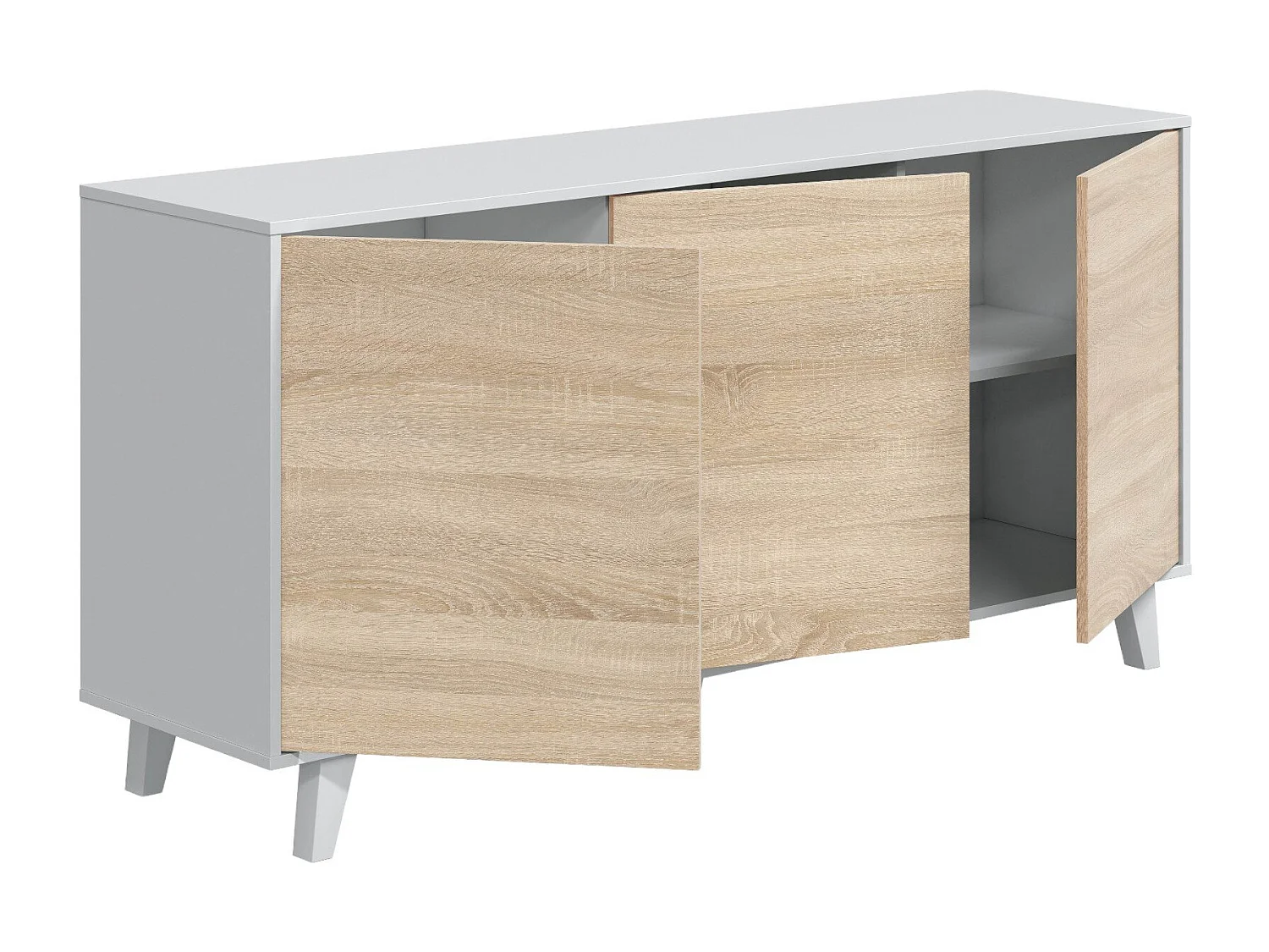 Buffet Dabello, Buffet de cuisine, Armoire design de salon, Buffet moderne avec 3 portes et étagères, 154x40h75 cm, Blanc et Chêne