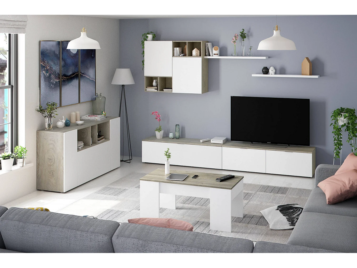 Buffet Dlop, Buffet de salon, Buffet de salon avec compartiments, Meuble TV, Armoire moderne avec 3 portes, 150x41h76 cm, Blanc et Chêne