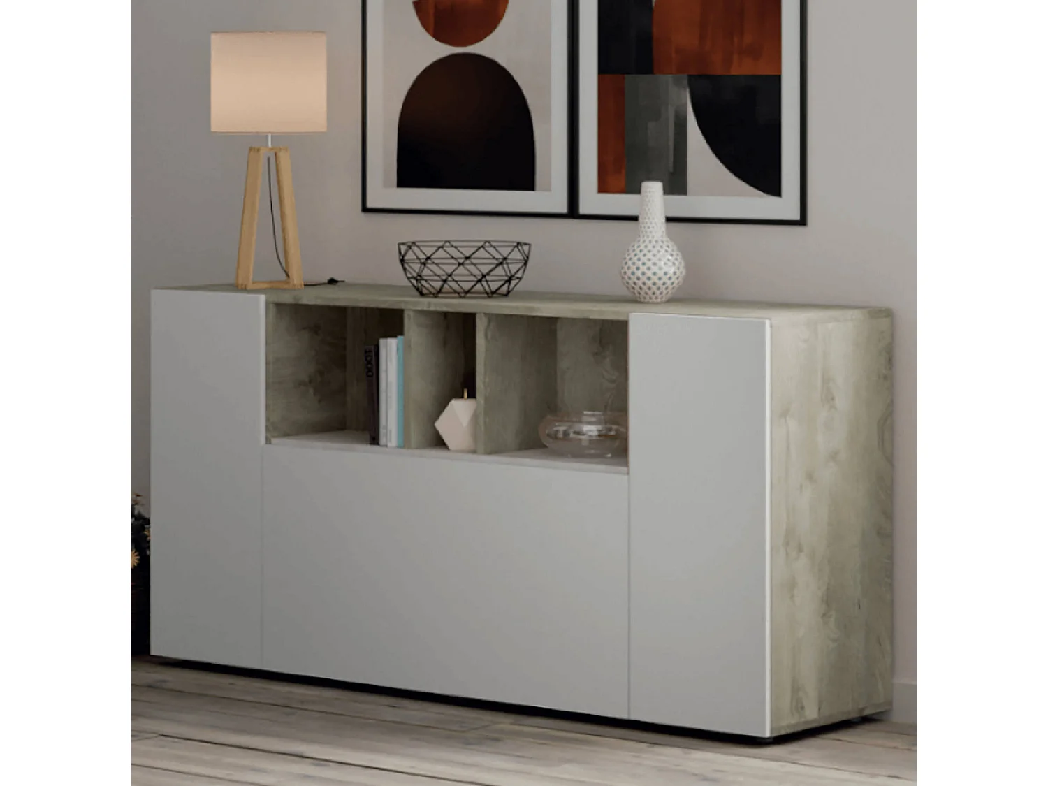 Buffet Dlop, Buffet de salon, Buffet de salon avec compartiments, Meuble TV, Armoire moderne avec 3 portes, 150x41h76 cm, Blanc et Chêne