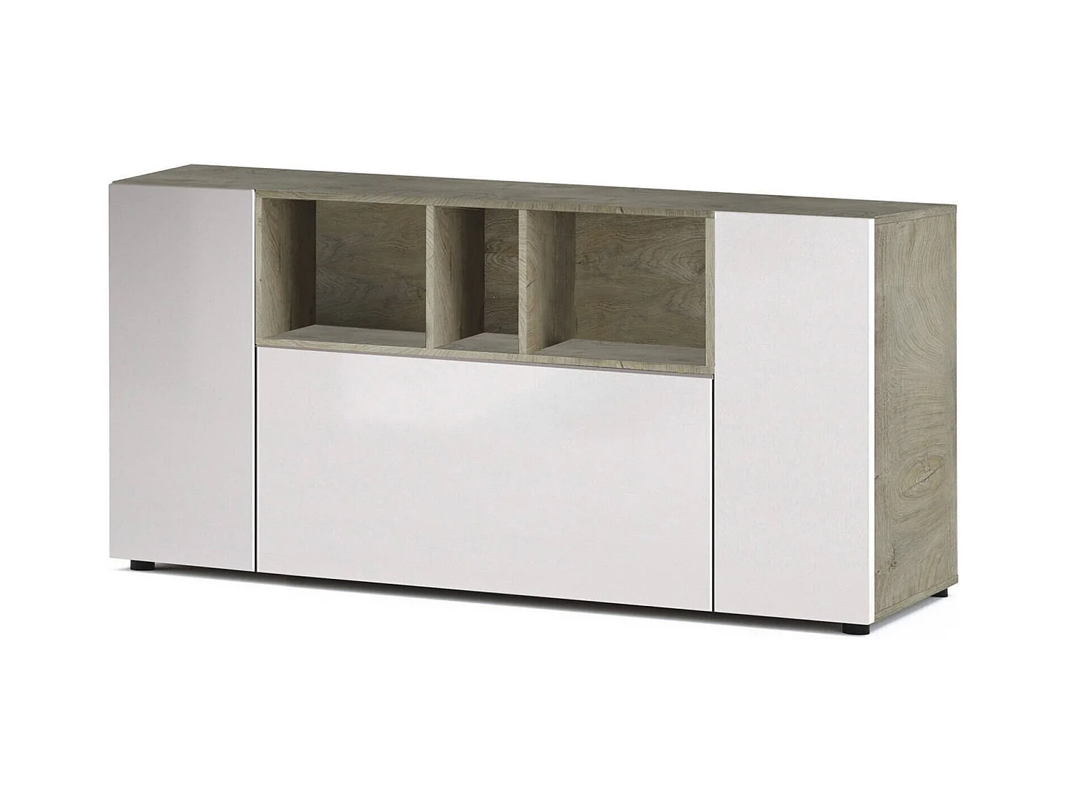 Dlop dressoir, Modern dressoir met 3 deuren, Woonkamerbuffet met vakken, Woonkamerdressoir, TV-meubel, 150x41h76 cm, Wit en Eiken