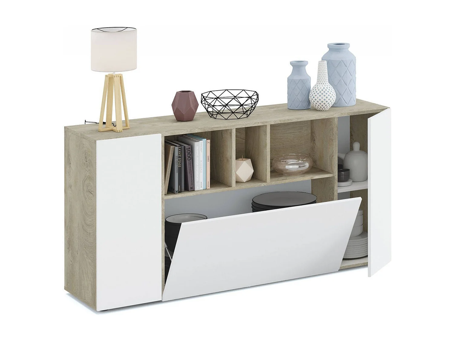 Buffet Dlop, Buffet de salon, Buffet de salon avec compartiments, Meuble TV, Armoire moderne avec 3 portes, 150x41h76 cm, Blanc et Chêne