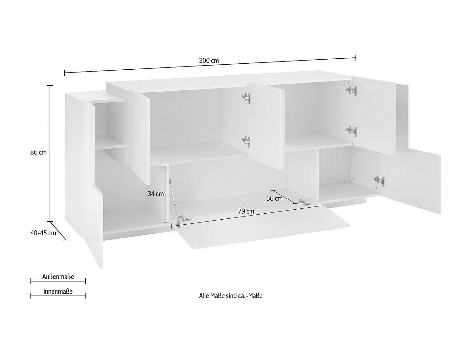 Buffet Ddionis, Buffet de cuisine avec 7 portes, Buffet de salon, Buffet de cuisine, 100% Made in Italy, 200x45h86 cm, Blanc brillant