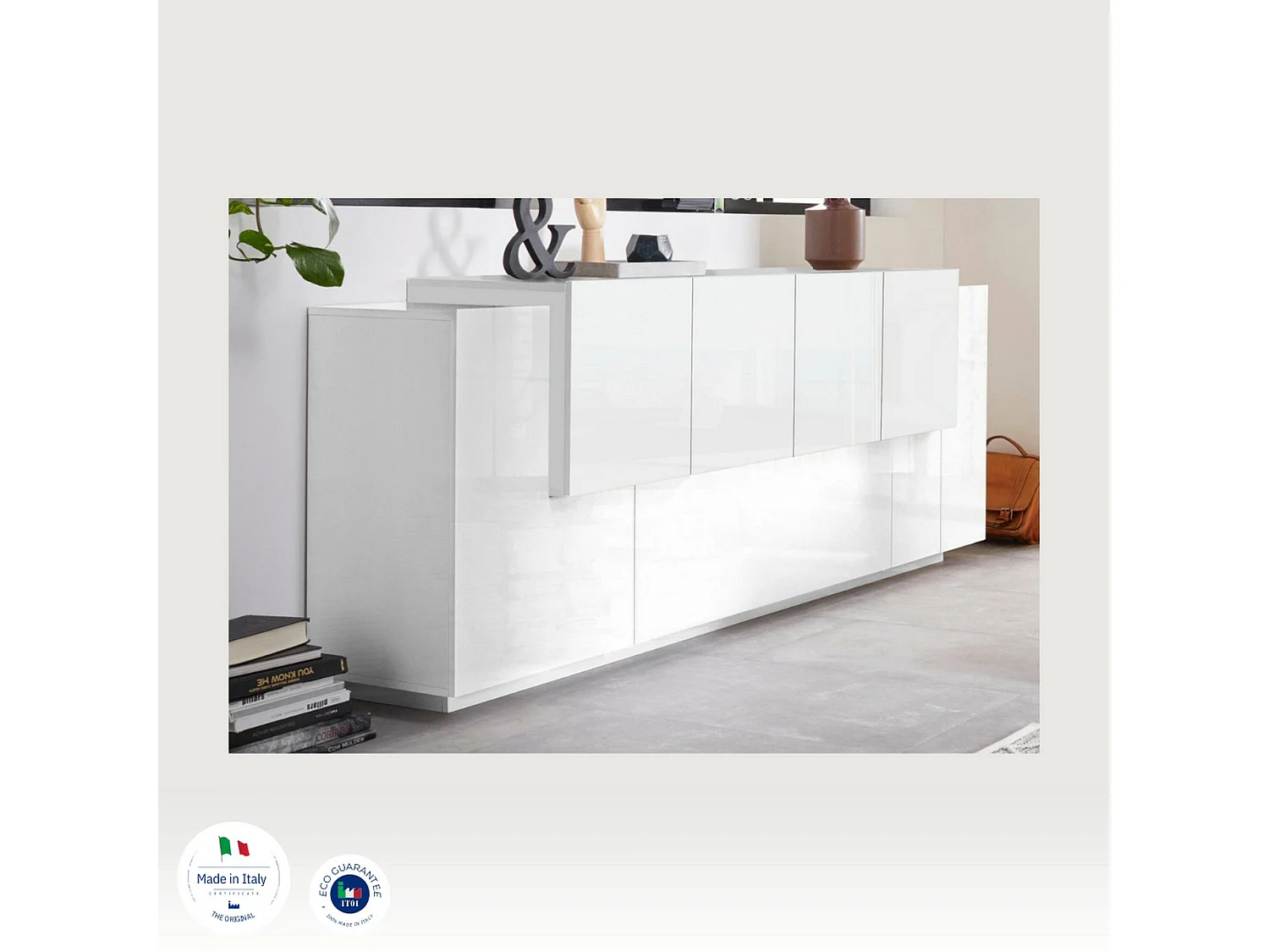 Buffet Ddionis, Buffet de cuisine avec 7 portes, Buffet de salon, Buffet de cuisine, 100% Made in Italy, 200x45h86 cm, Blanc brillant