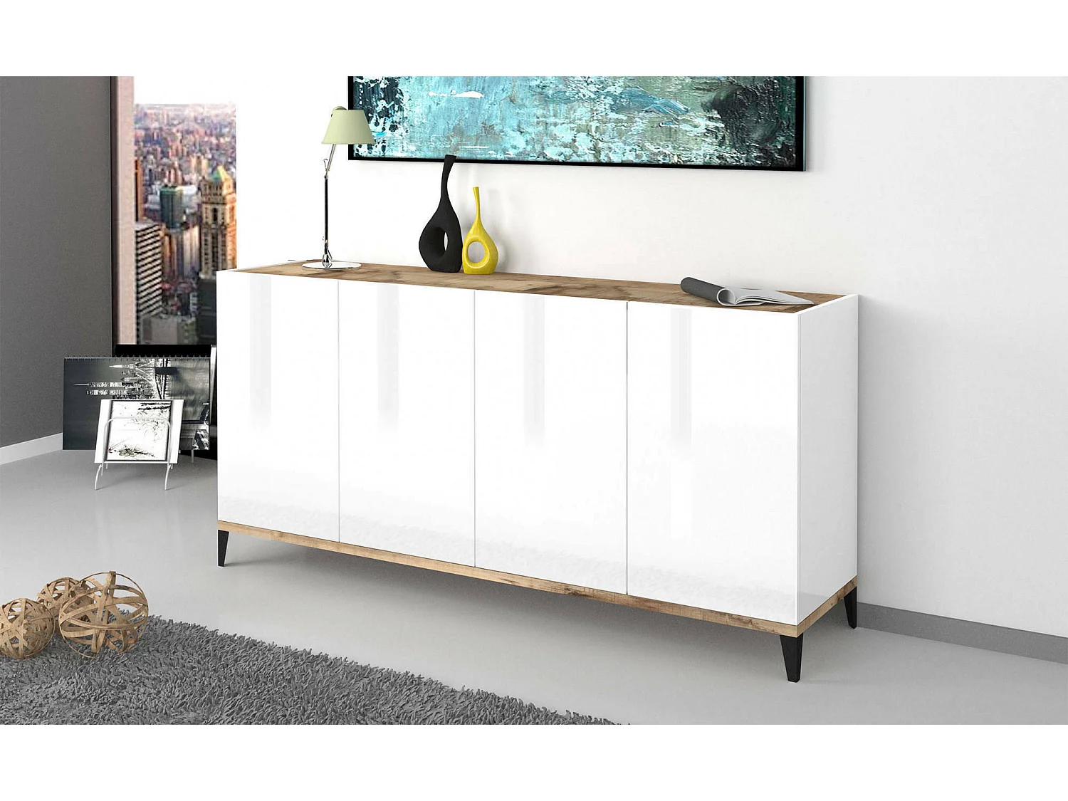 Buffet Dgarzo, Buffet de cuisine avec 4 portes, Buffet de salon, 100% Made in Italy, 160x40h82 cm, Blanc brillant et Érable