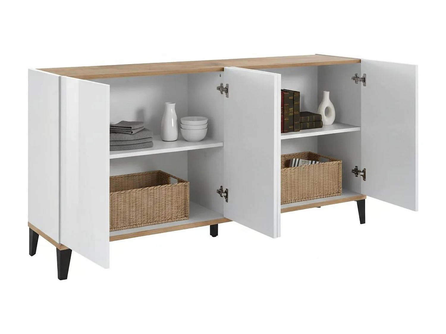 Buffet Dgarzo, Buffet de cuisine avec 4 portes, Buffet de salon, 100% Made in Italy, 160x40h82 cm, Blanc brillant et Érable