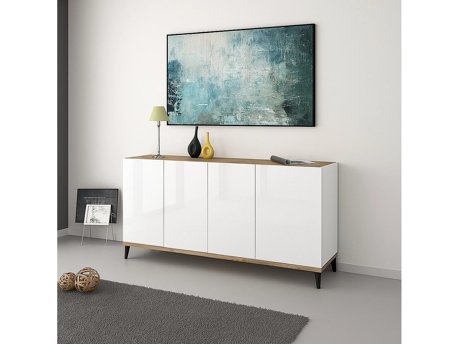Buffet Dgarzo, Buffet de cuisine avec 4 portes, Buffet de salon, 100% Made in Italy, 160x40h82 cm, Blanc brillant et Érable