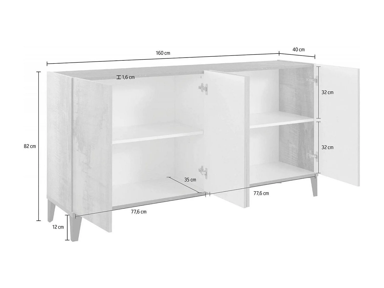 Buffet Dgarzo, Buffet de cuisine avec 4 portes, Buffet de salon, 100% Made in Italy, 160x40h82 cm, Blanc brillant et Érable