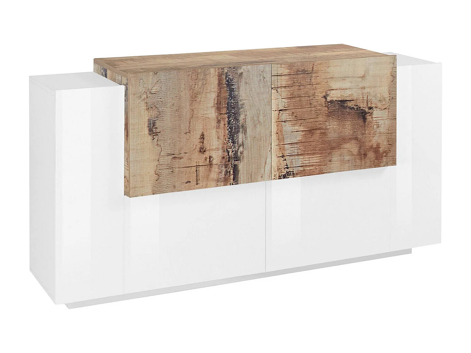 Kommode Dlenz, Küchen-Sideboard mit 4 Türen, Wohnzimmer-Buffet, 100 % Made in Italy, cm 160x45h86, glänzend weiß und Ahorn