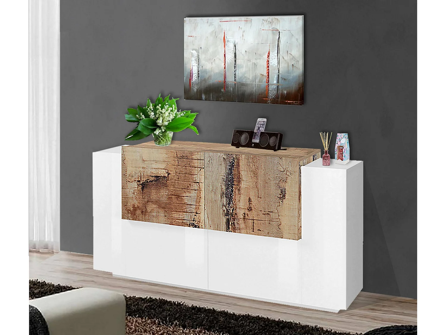 Kommode Dlenz, Küchen-Sideboard mit 4 Türen, Wohnzimmer-Buffet, 100 % Made in Italy, cm 160x45h86, glänzend weiß und Ahorn