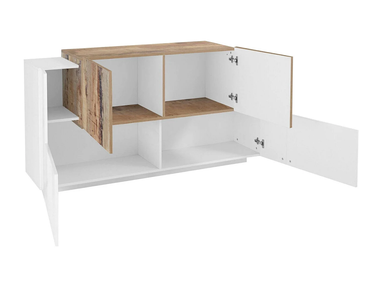 Kommode Dlenz, Küchen-Sideboard mit 4 Türen, Wohnzimmer-Buffet, 100 % Made in Italy, cm 160x45h86, glänzend weiß und Ahorn