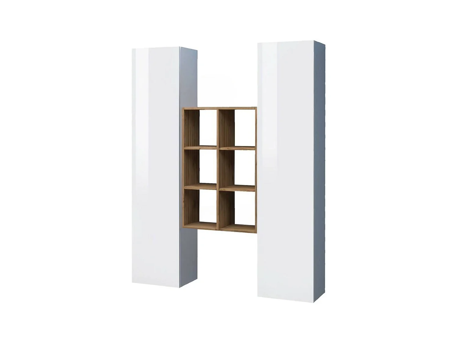 Buffet Ddeluc, Ensemble de salon avec 2 portes et étagères, Buffet de salon, Buffet de cuisine, 100% Made in Italy, 140x30h180 cm, Blanc brillant et Érable