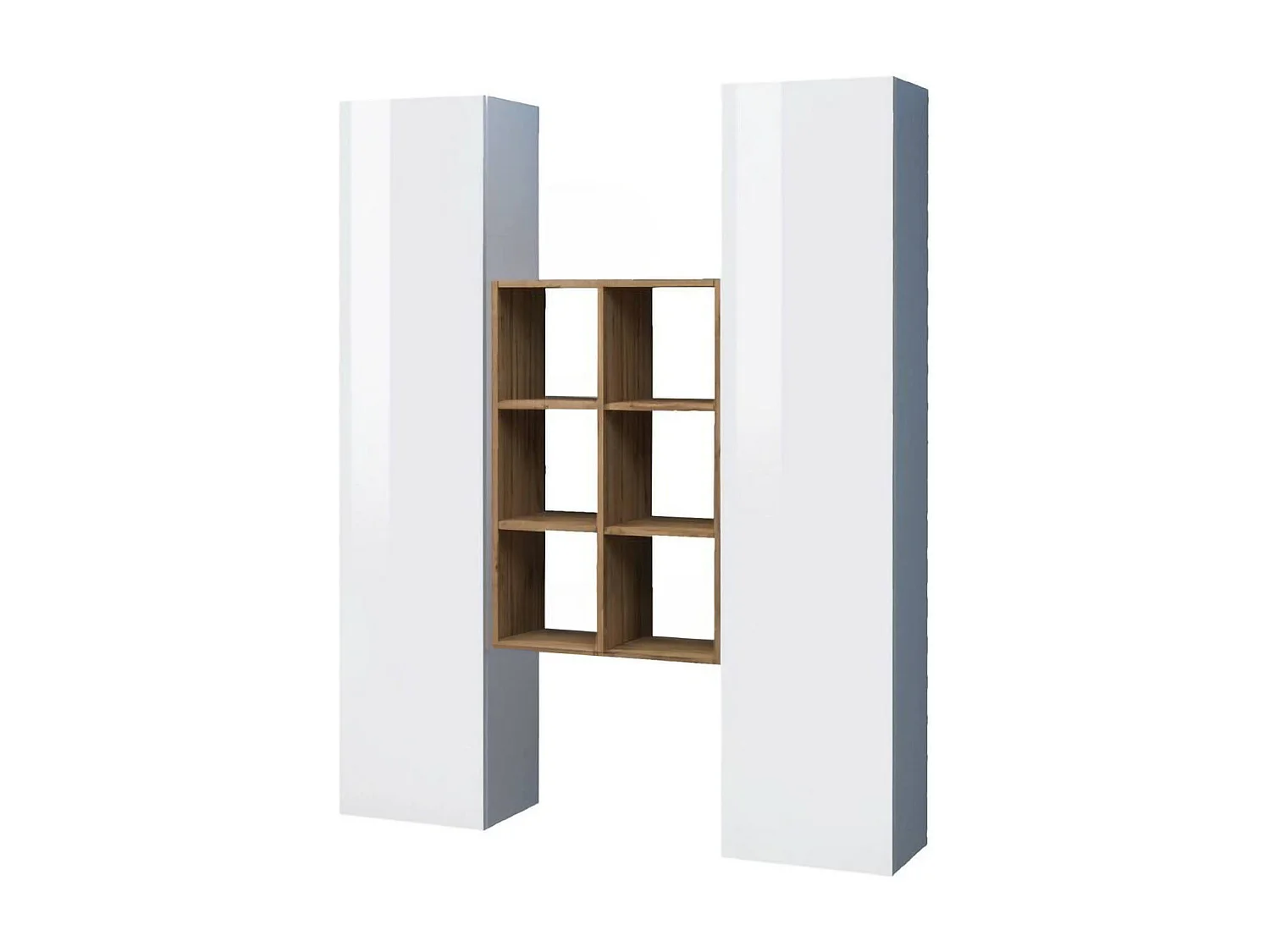 Buffet Ddeluc, Ensemble de salon avec 2 portes et étagères, Buffet de salon, Buffet de cuisine, 100% Made in Italy, 140x30h180 cm, Blanc brillant et Érable