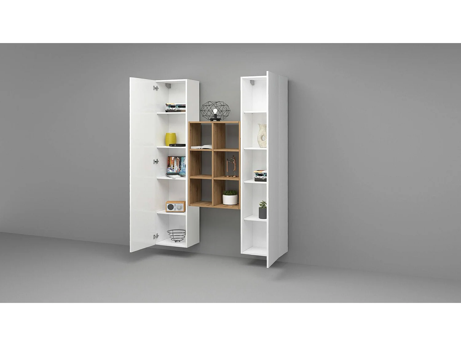 Buffet Ddeluc, Ensemble de salon avec 2 portes et étagères, Buffet de salon, Buffet de cuisine, 100% Made in Italy, 140x30h180 cm, Blanc brillant et Érable