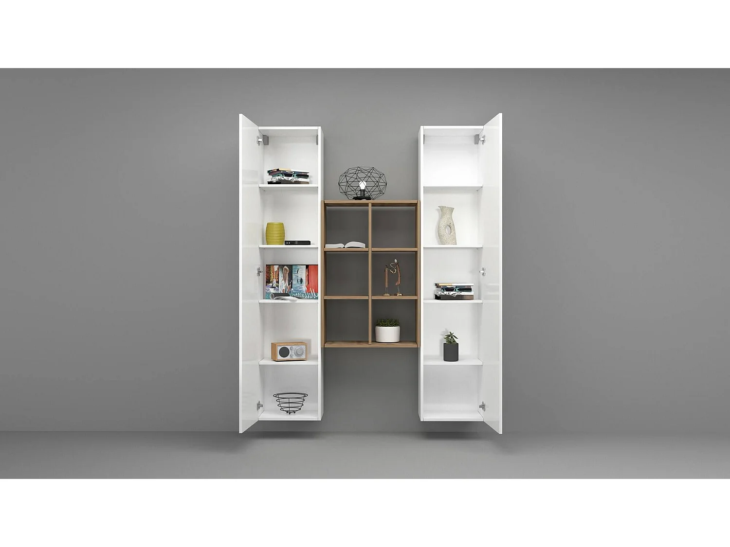 Ddeluc Dressoir, Woonkamerset met 2 deuren en planken, Woonkamerbuffet, Keukendressoir, 100% Made in Italy, 140x30h180 cm, Glanzend wit en Esdoorn