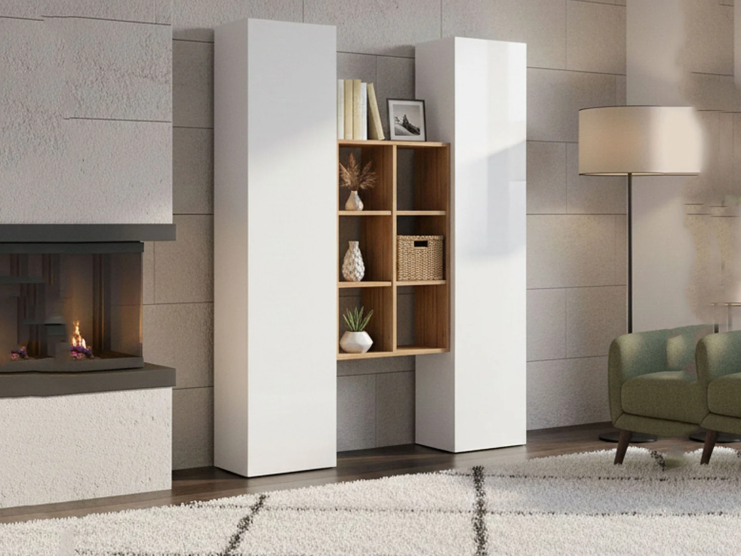 Buffet Ddeluc, Ensemble de salon avec 2 portes et étagères, Buffet de salon, Buffet de cuisine, 100% Made in Italy, 140x30h180 cm, Blanc brillant et Érable
