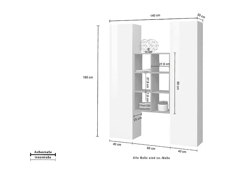 Buffet Ddeluc, Ensemble de salon avec 2 portes et étagères, Buffet de salon, Buffet de cuisine, 100% Made in Italy, 140x30h180 cm, Blanc brillant et Érable