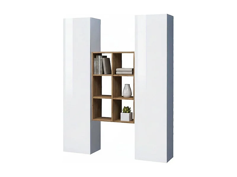 Ddeluc Dressoir, Woonkamerset met 2 deuren en planken, Woonkamerbuffet, Keukendressoir, 100% Made in Italy, 140x30h180 cm, Glanzend wit en Esdoorn