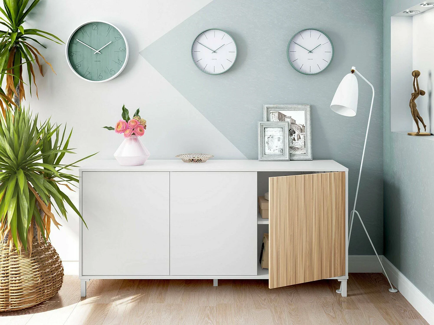 Buffet Dolivera, buffet de salon moderne, buffet de salon 3 portes, 154x40h74 cm, blanc