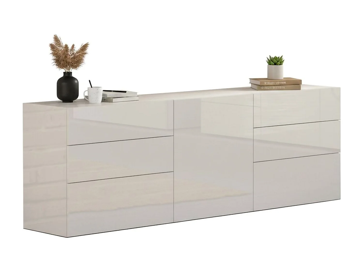 Buffet Agito, 6 tiroirs, fabriqué en Italie, 170x40x60h cm blanc laqué, bahut, 1 porte, ouverture battante, coulissante