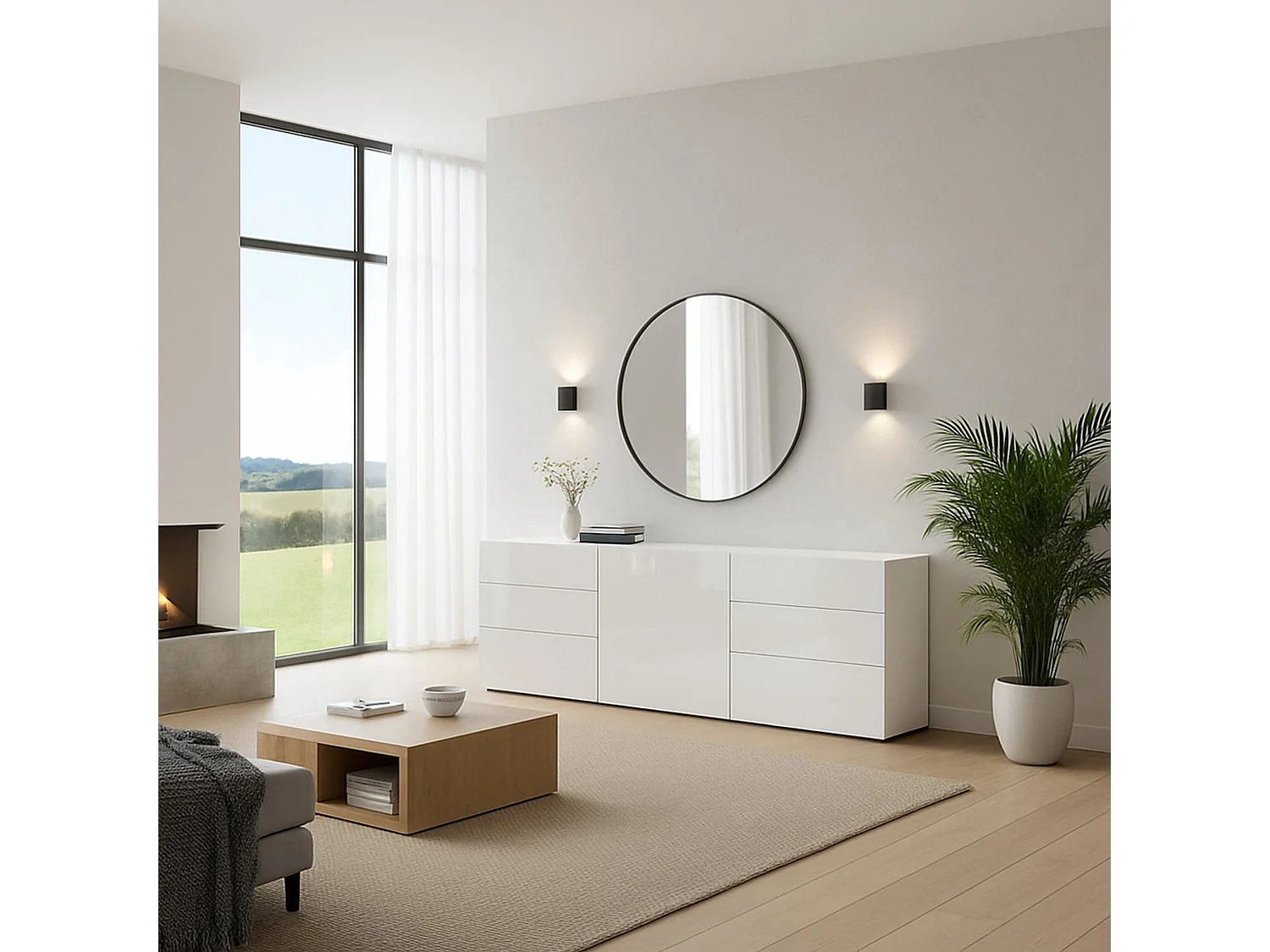 Buffet Agito, 6 tiroirs, fabriqué en Italie, 170x40x60h cm blanc laqué, bahut, 1 porte, ouverture battante, coulissante