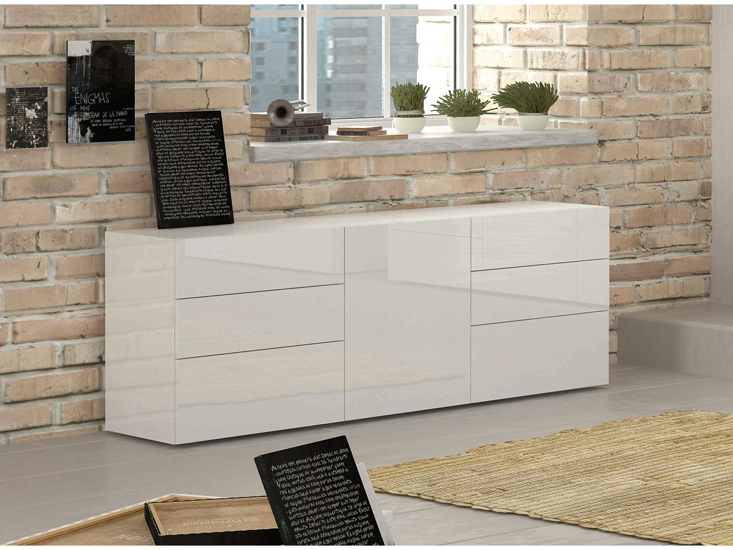 Buffet Agito, 6 tiroirs, fabriqué en Italie, 170x40x60h cm blanc laqué, bahut, 1 porte, ouverture battante, coulissante
